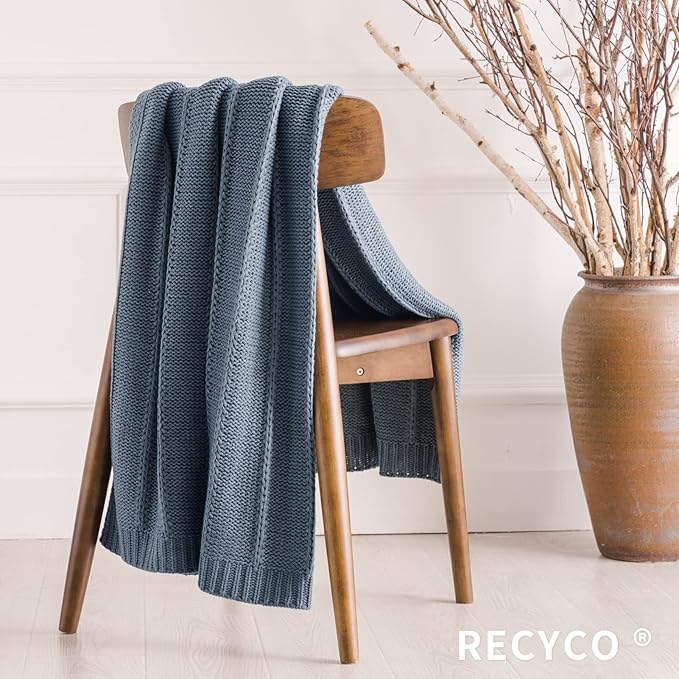 RECYCO Cable Knit Dusty Blue Throw Blanket Twin Size for Couch, Super Soft Warm Cozy Decorative Knitted Throw Blanket 3.6LB for Bed, Sofa, Chair Large 60"x80"