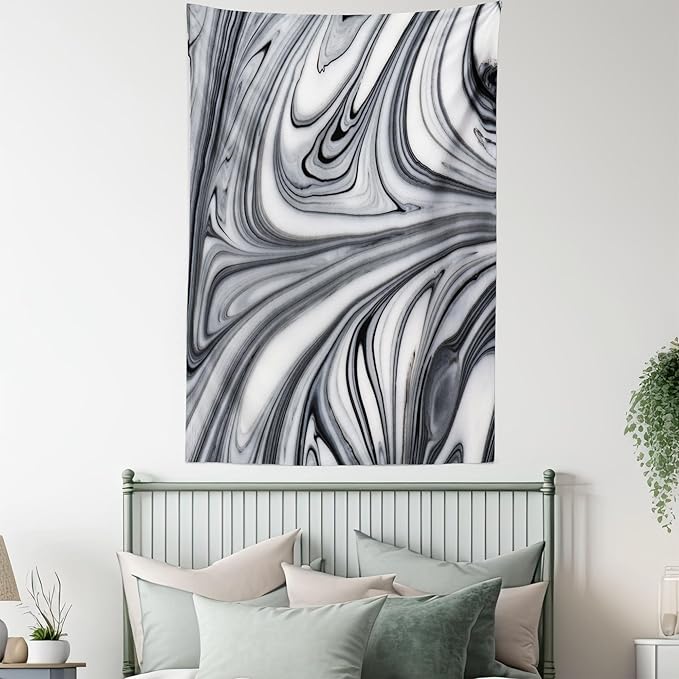 Ambesonne Abstract Tapestry, Mix of White and Black Hallucinatory and Surreal Liquid Marble Graphic Art, Wall Hanging for Bedroom Living Room Dorm Decor, 60" X 80", Grey