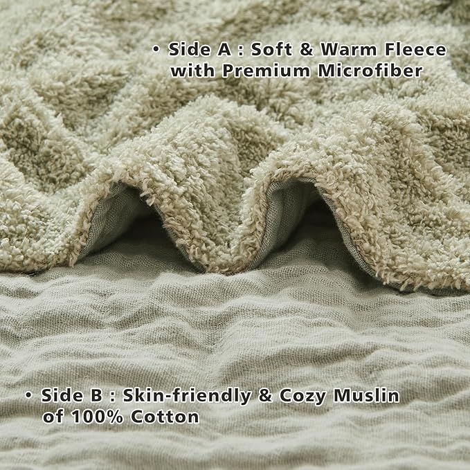 EMME Muslin Cotton Fleece Throw Blanket Reversible - 50"*60" Sage Green Soft Warm Throw Blankets for Couch Bed Picnic Travel Bed