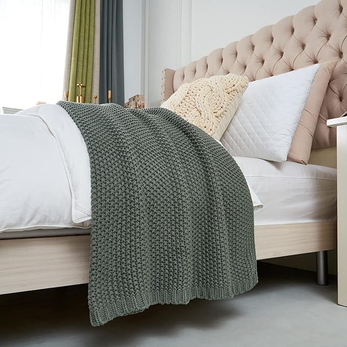 Longhui bedding Chunky Cable Knit Throw Blanket Lightweight Grey 100% Organic Cotton Blanket for Sofa Couch Bed Baby Nursery, Rustic Shabby Chic Modern Farmhouse, Gray 60” x 80” Give Laundering Bag