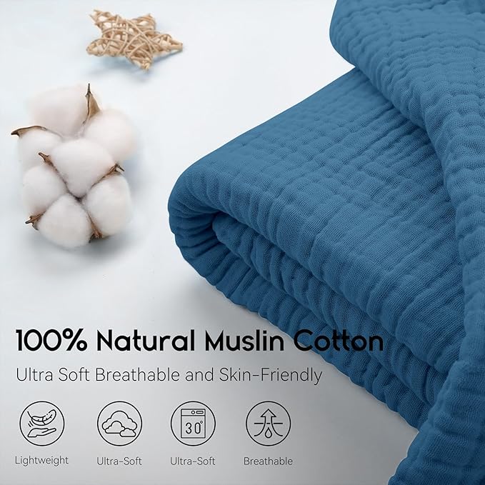Yoofoss Muslin Blanket 100% Cotton Throw Large 50" x 60" for Bed Couch Summer Gauze Blanket for Adults Lightweight and Breathable Dark Blue