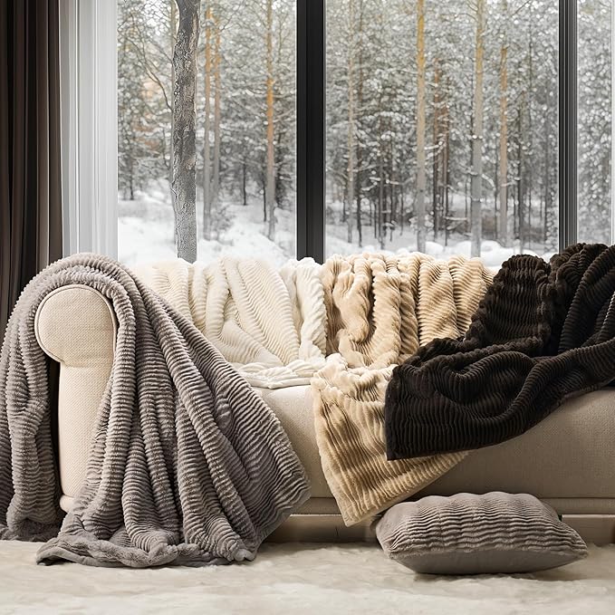 Ultra Soft Faux Fur Throw Blanket for Couch, Luxury Sculpted Texture Faux Rabbit Fur Blanket for Bed, Fluffy Thick Plush Warm Fuzzy Throw, 920GSM (Dark Brown, 50''x60'')