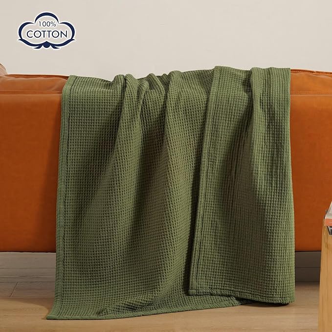 PHF 100% Cotton Waffle Muslin Blanket Twin Size, 66" x 90" Lightweight and Breathable Washed Cotton Blanket, Aesthetic Soft Muslin Waffle Bedding for Sofa Bed Home Decor, Olive Green