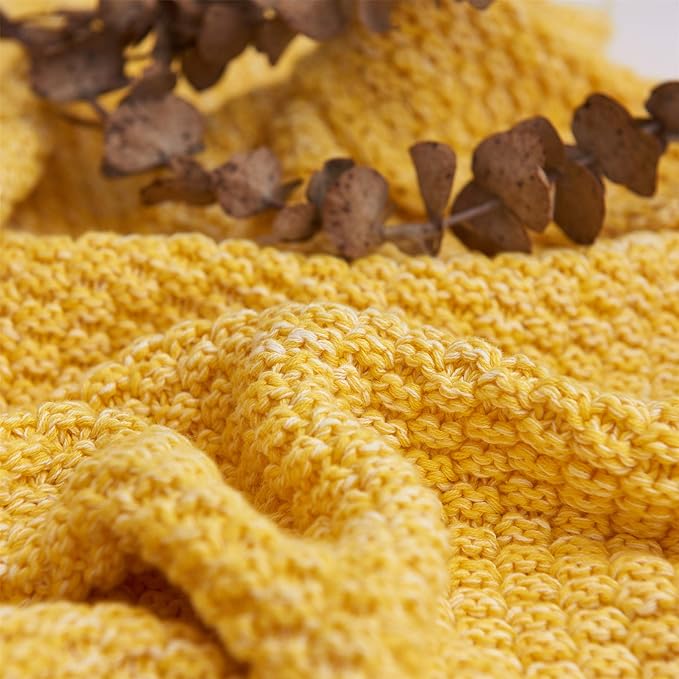 Longhui bedding Yellow Knitted Throw Blanket for Couch Sofa Bed, Soft, Cozy Machine Washable 100% Cotton Sofa Cable Knit Blankets, Large 60 x 80 Inches Oversized, Bright Yellow and White Color