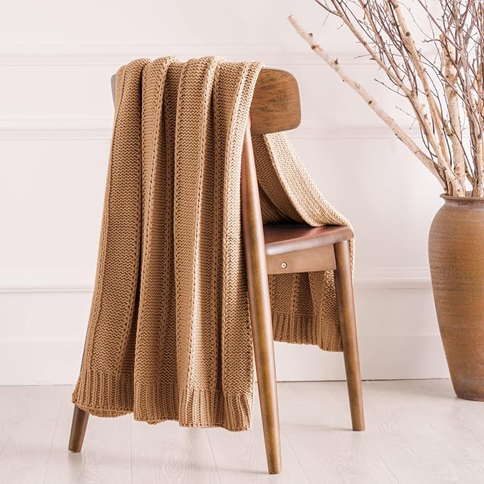 RECYCO Cable Knit Light Brown Throw Blanket Twin Size for Couch, Super Soft Warm Cozy Decorative Knitted Throw Blanket 3.6LB for Bed, Sofa, Chair Large 60"x80"