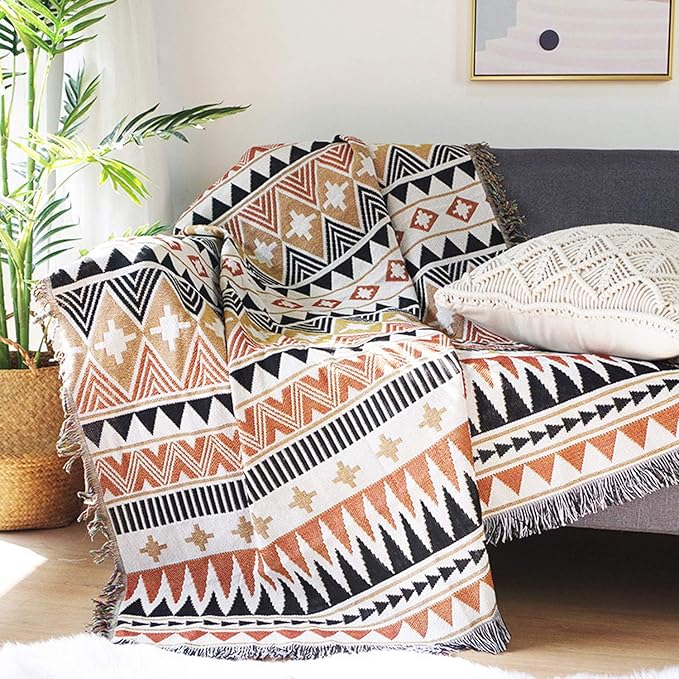 Luxlovery Bohemian Sofa Throw Blankets Ethnic Woven Farmhouse Boho Throw Blanket for Couch Black White and Orange Multicolor Aztec Bed Throws Oversized Chair Sofa Cover with Tassels(63"x86")