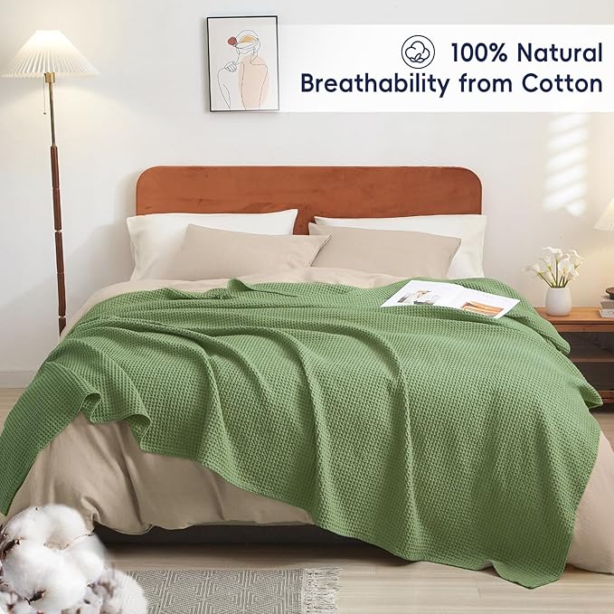 PHF Pre-Washed Cotton Waffle Weave Blanket Queen Size for Bed,Snag Proof Throw Blanket for Couch Spring Summer Lightweight Breathable,Oeko-TEX Certified,Machine Washable, Home Decor Gift,Loden Green