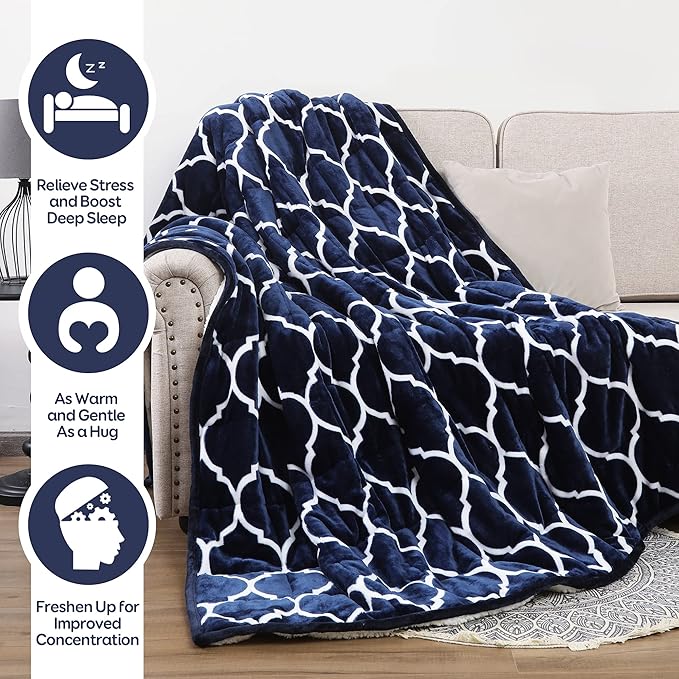 Cottonblue Morocco Fashion Print Weighted Blanket 20lbs, Sherpa Fleece Weighted Blanket for Adult, Dual Sided Fluffy Fuzzy Plush Thick Throw Blanket for Winter Warm, 60x80 inches, Navy Blue