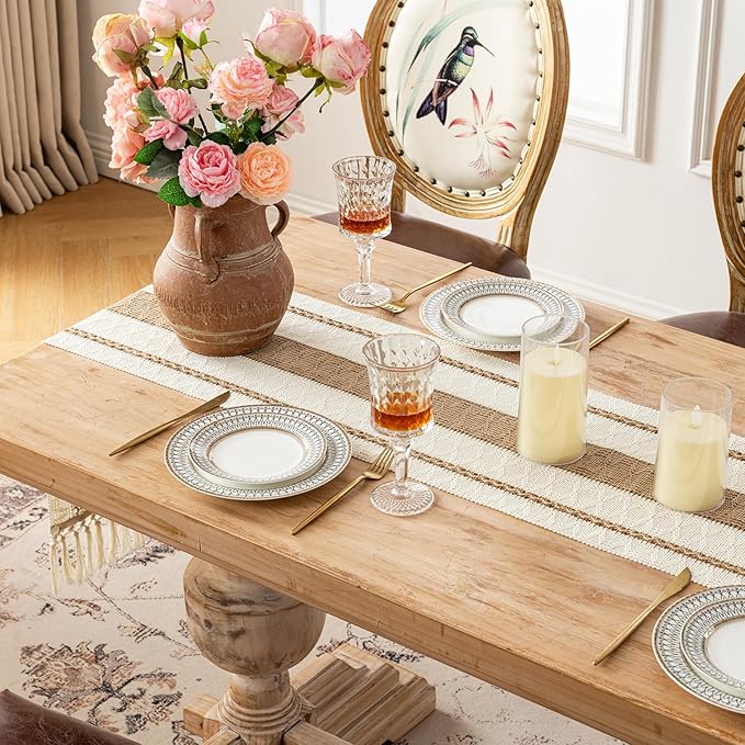 Fancy Homi Boho Table Runner 60 Inches Long Neutral Macrame Table Runner for Home Decor, Tan Farmhouse Table Runners with Tassels for Party Bohemian Rustic Bridal Shower Dining Decor 12x60 Inches
