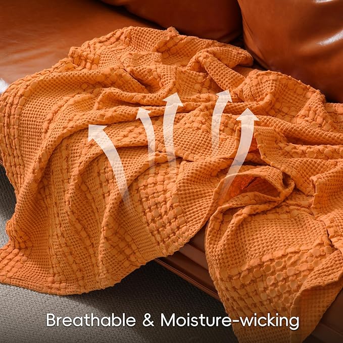 PHF 100% Cotton Waffle Weave Blanket King Size, Soft Lightweight Breathable Cozy Summer Blankets for Bed, Luxury Aesthetic Woven Bedding for Home Decor, 108"x90", Marmalade