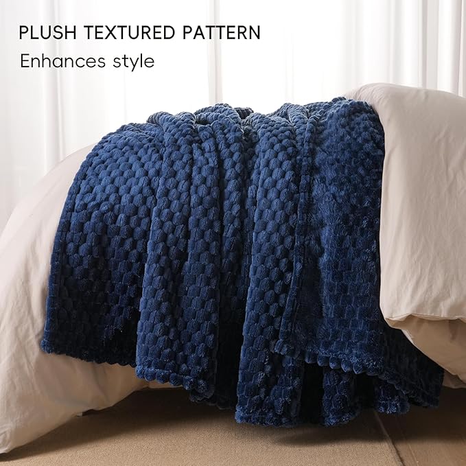 PHF Ultra Soft Flannel Fleece Blanket King Size, Lightweight 3D Jacquard Fleece Blanket, No Shedding, No Pilling, Luxury 340GSM Aesthetic Fluffy Cozy for Bed Room Decor, 108"x90", Navy Blue