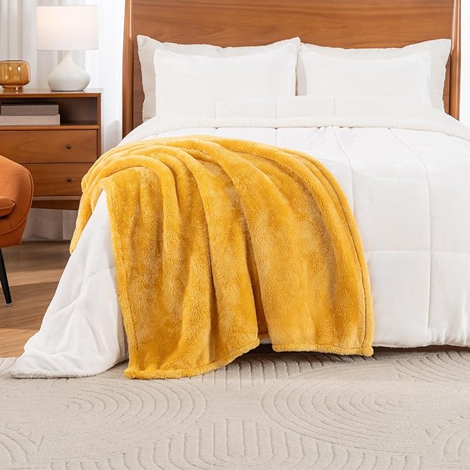 Berkshire Blanket Classic Extra-Fluffy™ Plush Throw Blanket, Soft Fuzzy Fluffy Long Hair Throw Blanket for Couch Sofa Bed, Ochre, 50x60 Inches