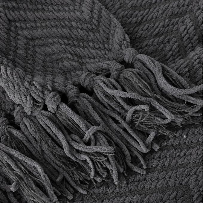 BATTILO HOME Dark Grey Throw Blanket for Couch, Knit Charcoal Throw Blanket Versatile for Chair, 60 x 80 Inch - Super Soft Warm Grey Blanket with Tassels for Bed, Sofa and Living Room