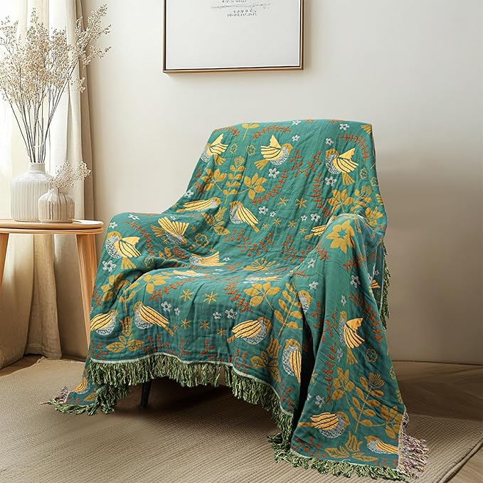 MACEVIA 100% Cotton Boho Throw Blanket, Soft Lightweight Green Bird Floral Design, 90"x98" King Size Bedspread for Couch Sofa, Bed, Travel, Cottagecore Decor, with Fringe Tassels (Bird Floral)