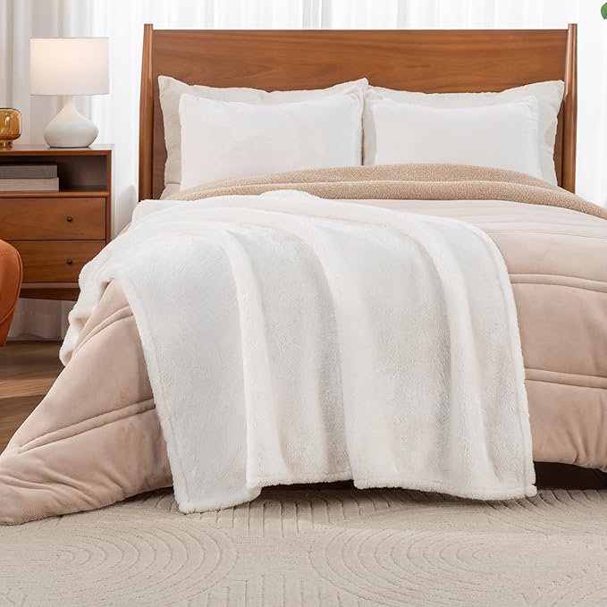 Berkshire Blanket Classic Extra-Fluffy™ Plush Throw Blanket, Soft Fuzzy Fluffy Long Hair Throw Blanket for Couch Sofa Bed, Cream, 50x60 Inches