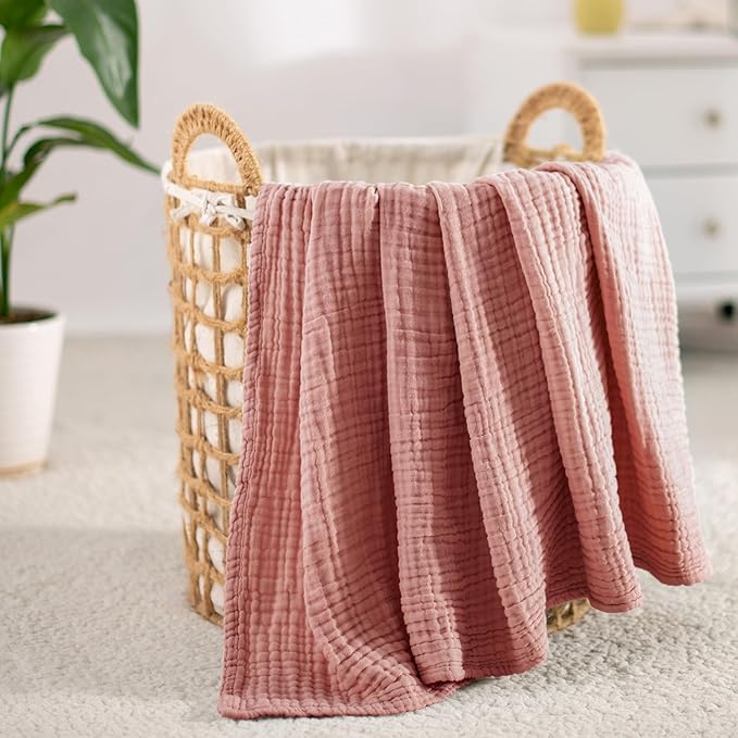 Carriediosa 100% Cotton Muslin Throw Blanket 90" X 90" Queen Size,4-Layers Summer Gauze Throws for Bed Couch,Soft Lightweight Breathable Linen Blankets Bedspread for Adults All Season,Mauve