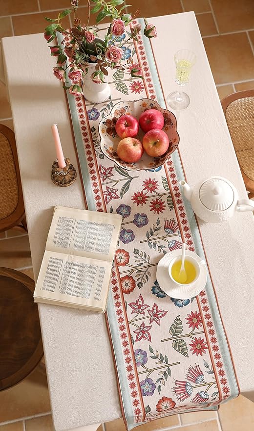 Decorative Linen Table Runner 87 Inches Long,Green Floral Rustic Farmhouse Runner for Table Decor Tabletop Table Runners for Kitchen,Dining,Party,Home,Christmas,12"*87"