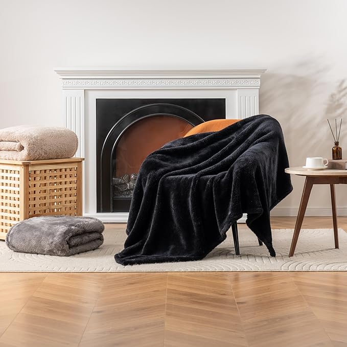 Berkshire Blanket Classic Extra-Fluffy™ Plush Blanket King Size, Soft Fuzzy Fluffy Long Hair Blanket for Couch Sofa Bed, Black, 90x108 Inches