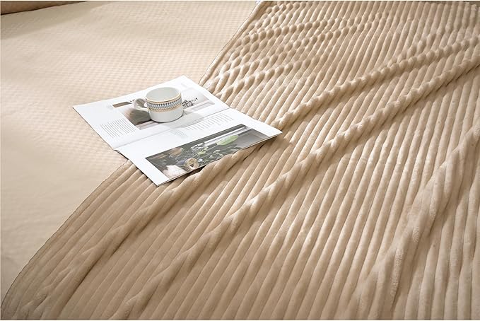Vessia Flannel Throw Blanket with Pillow Cover for Couch,Sofa,Bed, 300GSM Striped Camel Blanket for Adults, Super Soft Warm Cozy Ribbed Brown Throw for All-Season(50x71inch)