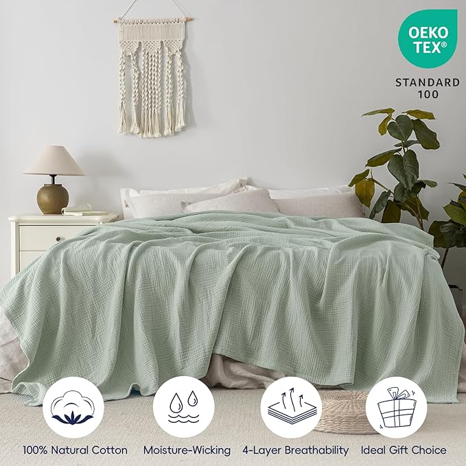 PHF 100% Cotton Muslin Blanket Queen Size 90" x 90", 4-Layer Lightweight and Breathable Blanket for Summer, Luxuriously Soft Gauze Bedding for Bed, Natural Minimalism Style, Ideal Gift, Sage Green