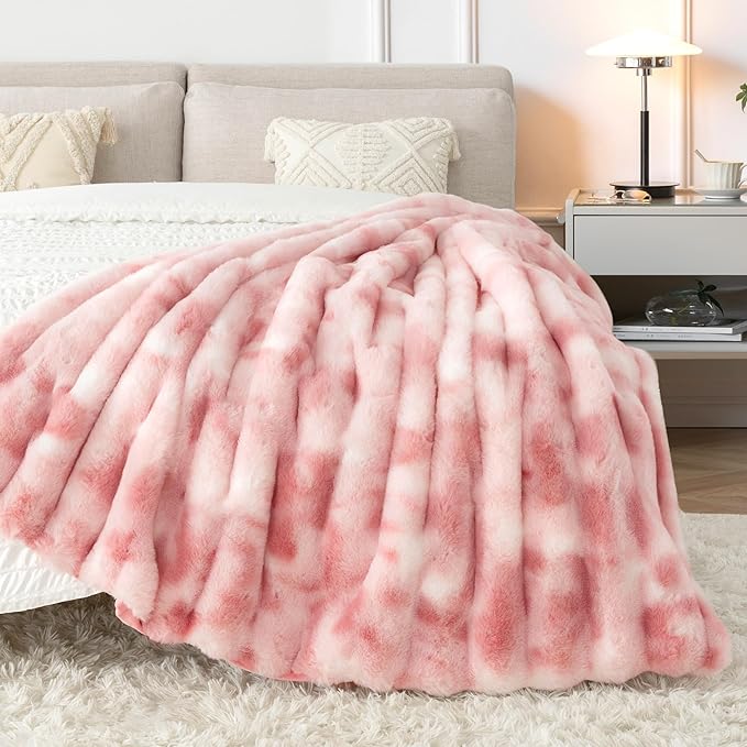 Touchat Luxury Faux Rabbit Fur Twin Blanket for Couch, Super Heavy Warm Cozy Throw for Sofa Bedroom Living Room, Ultra Soft Fluffy Reversible Plush Blankets for Home Decor Gifts, Tie-dye Pink