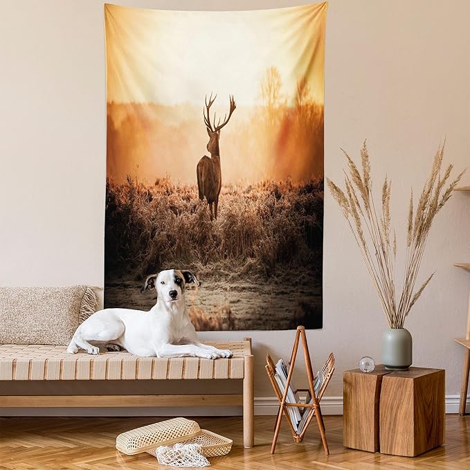 Ambesonne Hunting Tapestry Twin Size, Red Deer in the Morning Sun Wilderness Nature Scenery Countryside Rural Heathers, Wall Hanging Bedspread Bed Cover Wall Decor, 68" X 88", Brown Orange