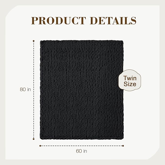 Carriediosa Chunky Knit Throw Blanket 60" X 80" Twin, 100% Hand Made Large Chenille Loop Yarn Soft Fluffy Throws for Couch Sofa Bed, Big Crochet Cozy Heavy Thick Cable Woven Blankets, Black