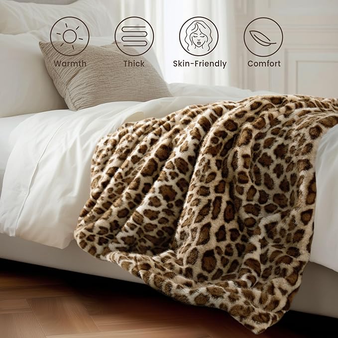 Luxury Faux Fur Heated Blanket Electric Throw - Leopard Print Ultra Soft Thick Warm Heated Blanket, 6 Heating Levels & 12 Hours Auto-Off, ETL Certified, Washable, Luxurious Gifts, 50''x60''