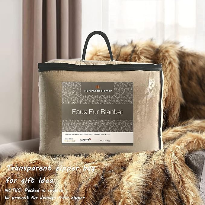 Luxury Plush Faux Fur Blanket King Size, Long Pile Golden Yellow with Black Tips Throw, Oversized Super Warm, Fuzzy, Elegant, Fluffy Shaggy Throw Blanket for Sofa, Armchair, Couch and Bed, 104"x90"