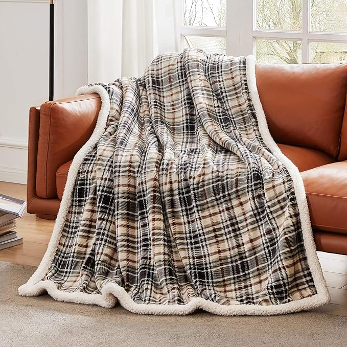 Touchat Sherpa Plaid Throw Blanket, 60" X 70"Fuzzy Fluffy Cozy Soft Blanket, Fleece Flannel Plush Twin Size Microfiber Blanket for Couch Bed Sofa (Brown)