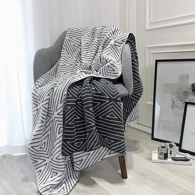 Black and White Throw Blankets, Knitted Modern Patterned Throw Blanket, Soft Lightweight Woven Throw Blanket for Sofa Couch Bed and Living Room, Black&White (50x60 Inch)