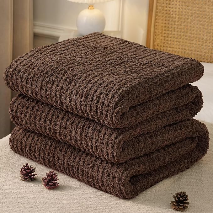PHF Chenille Waffle Knit Blanket Twin Size- Plush Warm & Cozy 60" x 80" Ultra Soft Blanket- Chunky Fluffy Waffle Bedding for Home Decor - Cocoa Brown