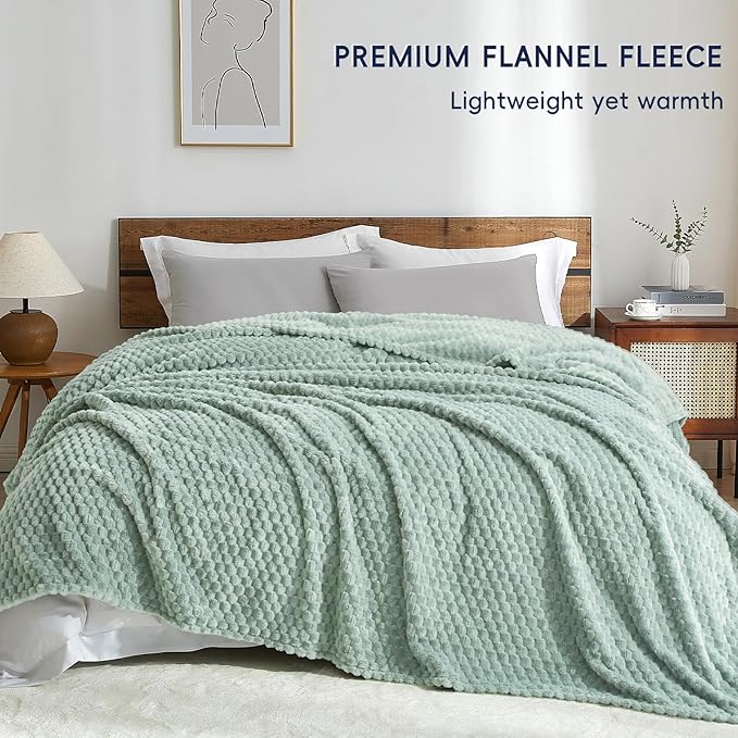 PHF Ultra Soft Flannel Fleece Blanket Queen Size, Lightweight 3D Jacquard Fleece Blanket, No Shedding, No Pilling, Luxury 340GSM Aesthetic Fluffy Cozy for Bed Room Decor, 90"x90", Sage Green