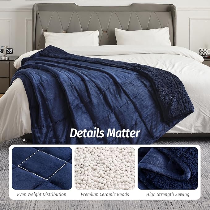 Wemore Sherpa Fleece Weighted Blanket for Adult, 15 lbs Dual Sided Cozy Fluffy Heavy Blanket, Ultra Fuzzy Throw Blanket with Soft Plush Flannel Top, 48 x 72 inches, Navy Blue on Both Sides
