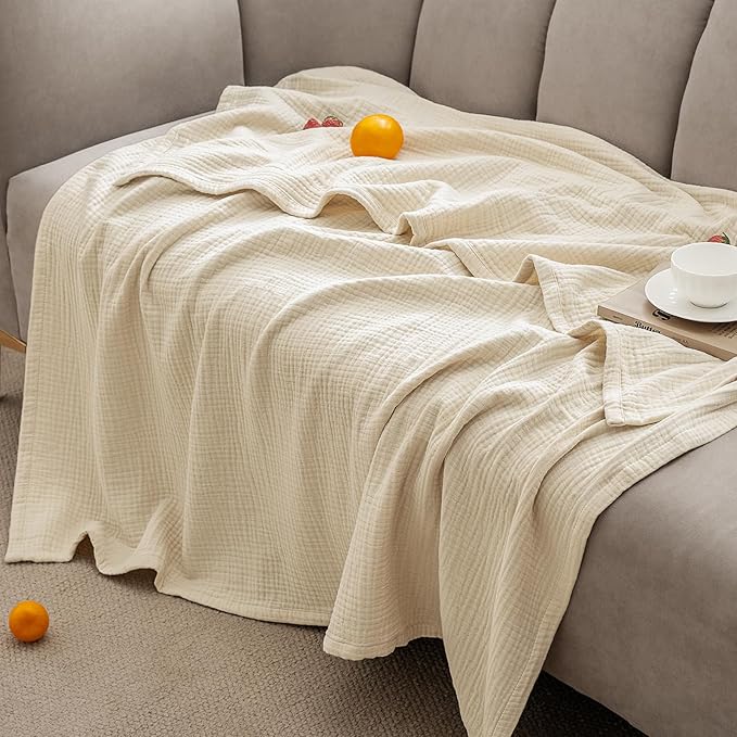 PHF 100% Cotton Muslin Throw Blanket 50" x 60", 4-Layer Lightweight and Breathable Blanket for Summer, Luxuriously Soft Gauze Throws for Couch, Natural Minimalism Style, Ideal Gift, Beige/Short Bread