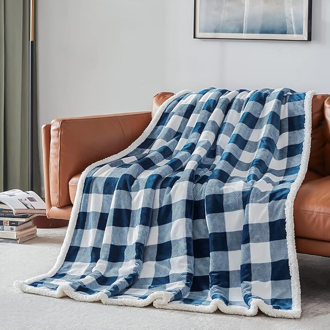 Touchat Sherpa Plaid Twin Blanket 60" X 70", Fuzzy Fluffy Soft Cozy Throw Blanket, Twin Size Plush Fleece Flannel Plush Microfiber Blanket for Couch Bed Sofa (Navy)