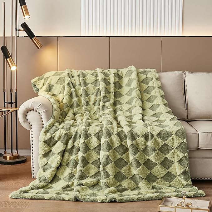 PU MEI Luxury Faux Fur Rabbit Fur Throw Blanket Sage Green 90"x80",Plush Reversible Sherpa Blankets,Queen Fuzzy Blanket Thick Throws for Bed,Washable Bedding Accent Blankets for Sofa Couch Chair
