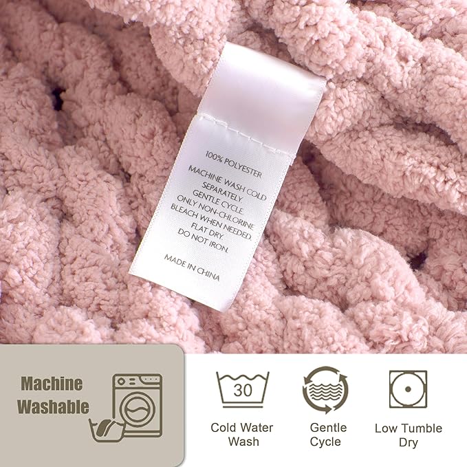 Chunky Knit Throw Blanket 50"X 60", 100% Handmade with Soft Chenille Yarn, 4.4lbs Thick Cable Knitted Blankets, Large Rope Knot Crochet Throws for Couch Sofa Bed Home Decor, Dusty Pink