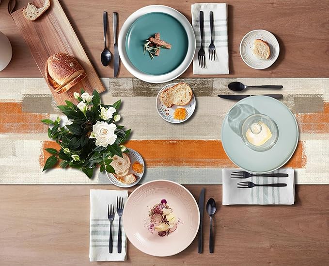 Emvency Farmhouse Table Runner, Modern Orange and White Abstract Art Painting for Kitchen Coffee Table Family Dinners Holiday Parties Wedding Events Decor(13x72 inch)