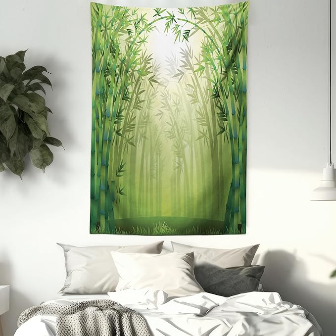 Ambesonne Forest Tapestry Twin Size, Image of Exotic Trees in Rain Forest Far Eastern Wildlife Tropical Nature Inspired, Wall Hanging Bedspread Bed Cover Wall Decor, 68" X 88", Green and White