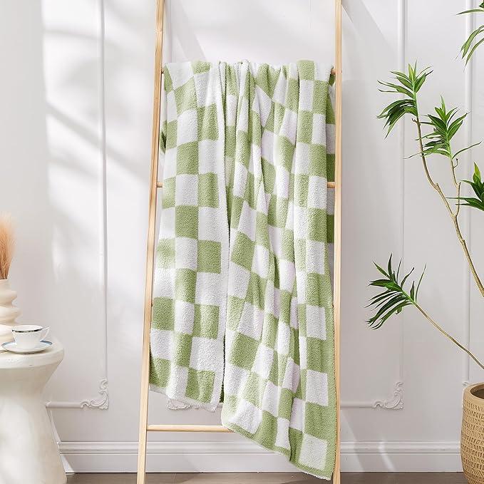 Super Soft Luxurious Warm Checkered Throw Blanket - Reversible for Couch, Bed, Sofa - 60x80 Inches - Green and White