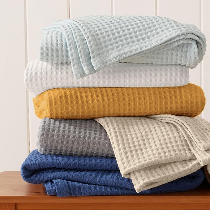 100% Cotton Blanket for Twin Size Bed - Tan Waffle Weave Lightweight Summer Bed Blanket - 90x66in Prewashed Breathable, Woven, Layering Blanket (Twin, Oatmeal)