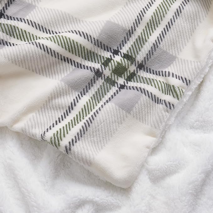 Lucky Brand Sherpa Plaid Grey/Olive 50"X70" Cozy Plush Blanket - Premium Microfiber Throw for Luxurious Comfort and Style