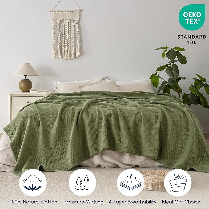PHF 100% Cotton Muslin Blanket Twin Size 66" x 90", 4-Layer Lightweight and Breathable Blanket for Summer, Luxuriously Soft Gauze Bedding for Bed, Natural Minimalism Style, Ideal Gift, Olive Green