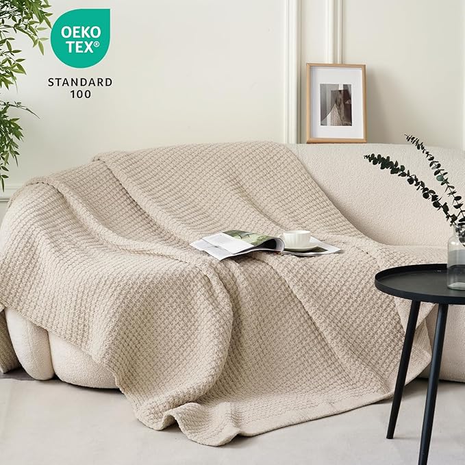PHF Chenille Waffle Knit Throw Blanket- Plush Warm & Cozy 50" x 60" Ultra Soft Blanket- Chunky Fluffy Waffle Throws for Couch Bed Sofa - Natural