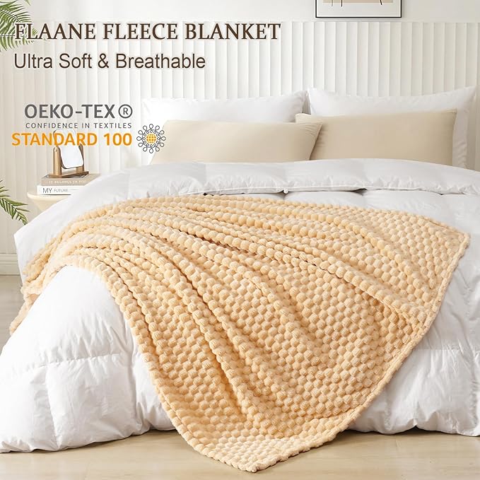 PHF Ultra Soft Flannel Fleece Throw Blanket, Lightweight 3D Jacquard Fleece Blanket, No Shedding, No Pilling, Luxury 340GSM Aesthetic Fluffy Cozy Throws for Couch Room Decor, 50"x60", Beige