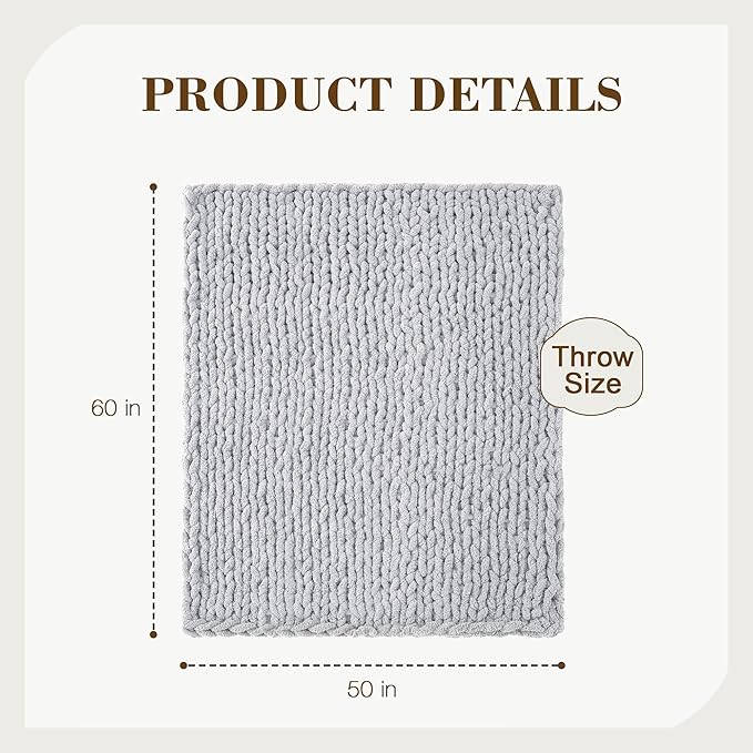 Carriediosa Chunky Knit Throw Blanket 50" X 60", 100% Hand Made Large Chenille Loop Yarn Soft Fluffy Throws for Couch Sofa Bed, Big Crochet Cozy Heavy Thick Cable Woven Blankets, Light Grey