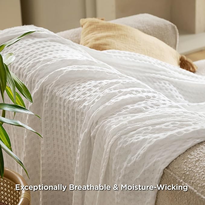 Bedsure Cooling Cotton Waffle Twin XL Blanket - Lightweight Breathable Blanket of Rayon Derived from Bamboo for Hot Sleepers, Luxury Throws for Bed, Couch and Sofa, Ivory, 66x90 Inches