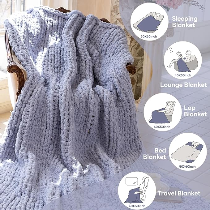 Chunky Knit Blanket - Luxury Soft Cozy Queen Size(50 * 60) Throw Blanket,100% Woven Blanket Rope Knot Throw Blanket for Couch, Sofa, Home Decor, Gift - Machine Washable(Grey)
