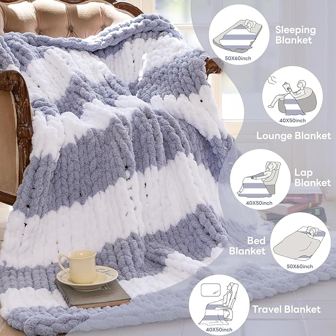 Chunky Knit Blanket - Luxury Soft Cozy King Size(60 * 80) Throw Blanket,100% Woven Blanket Rope Knot Throw Blanket for Couch, Sofa, Home Decor, Gift - Machine Washable(White/Light Gray)
